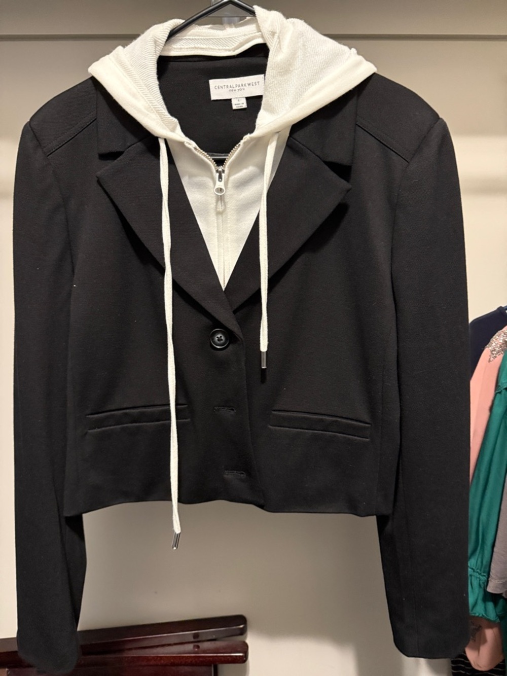 Central Park West Black Cropped Blazer with White Hoodie Layer